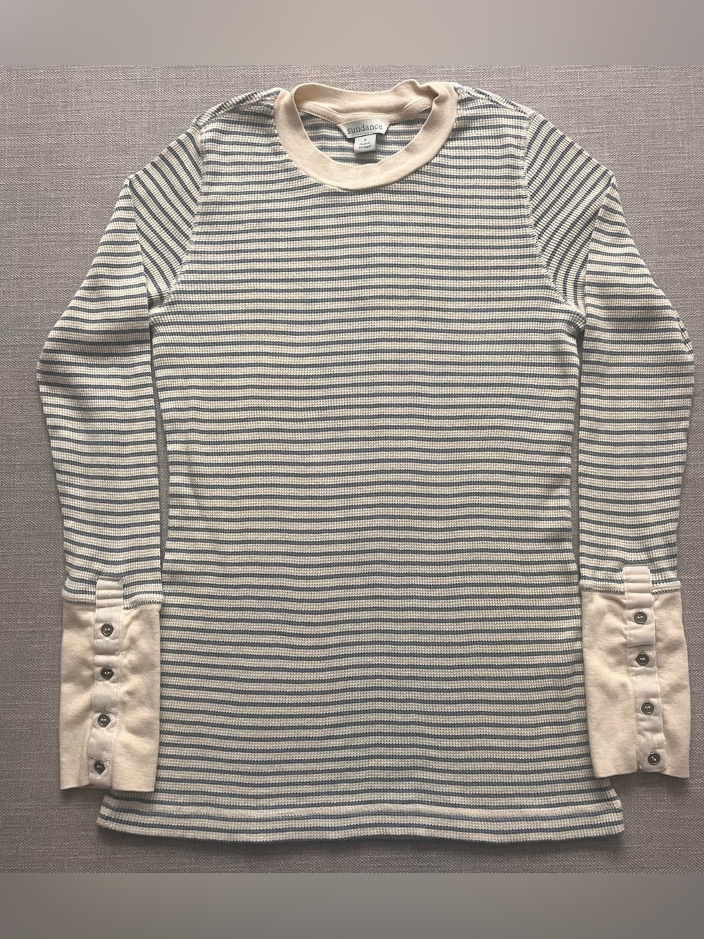 Sundance Striped Long-Sleeve Cotton Waffle Knit Top in Cream and Light Blue - Picture 2 of 13